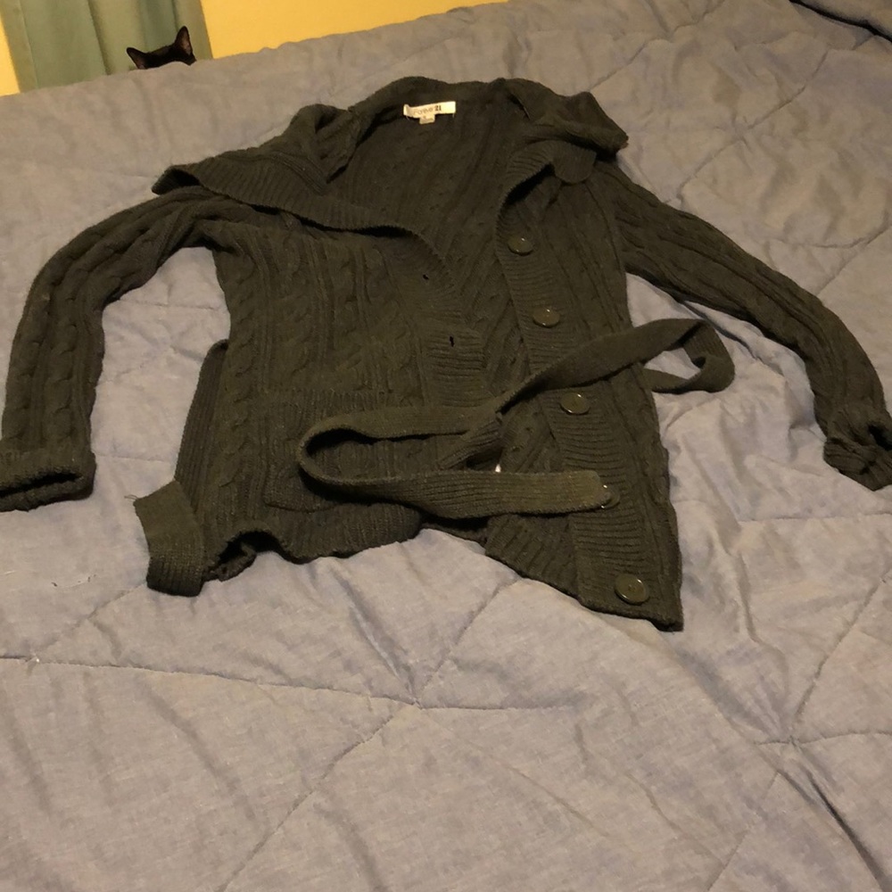 Long cable knit belted sweater